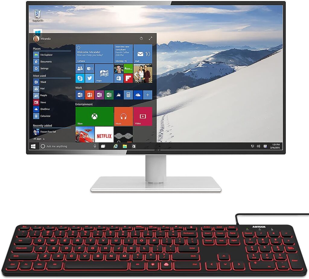 Arteck USB Wired Keyboard Universal Backlit 7-Colors  Adjustable Brightness Full Size Keyboard with 4 Feet Wire, Numeric Keypad and Media Hotkey for Computer Desktop PC Laptop and Windows 11 10 8 7