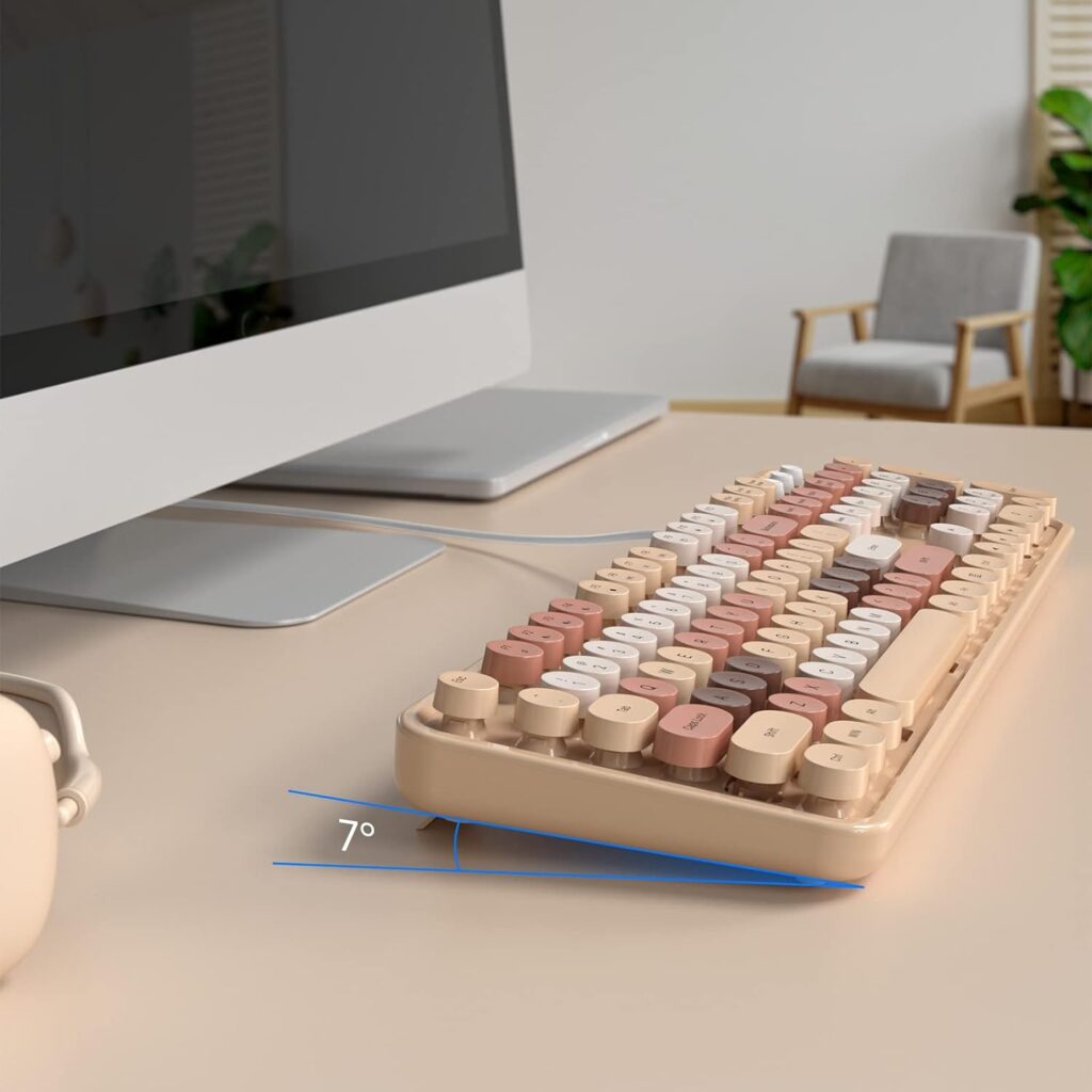 Dilter Wired Keyboard, 104 Keys Full-Sized Typewriter Keyboards, USB Plug and Play Office Keyboard with Number Pad, Caps Indicators, Foldable Stands for Windows, PC, Laptop (Pink Colorful)