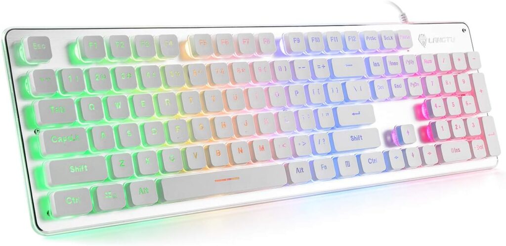 LANGTU Membrane Gaming Keyboard, Rainbow LED Backlit Quiet Keyboard for Office, USB Wired All-Metal Panel 25 Keys Anti-ghosting Computer Keyboard 104 Keys - L1 White/Silver…