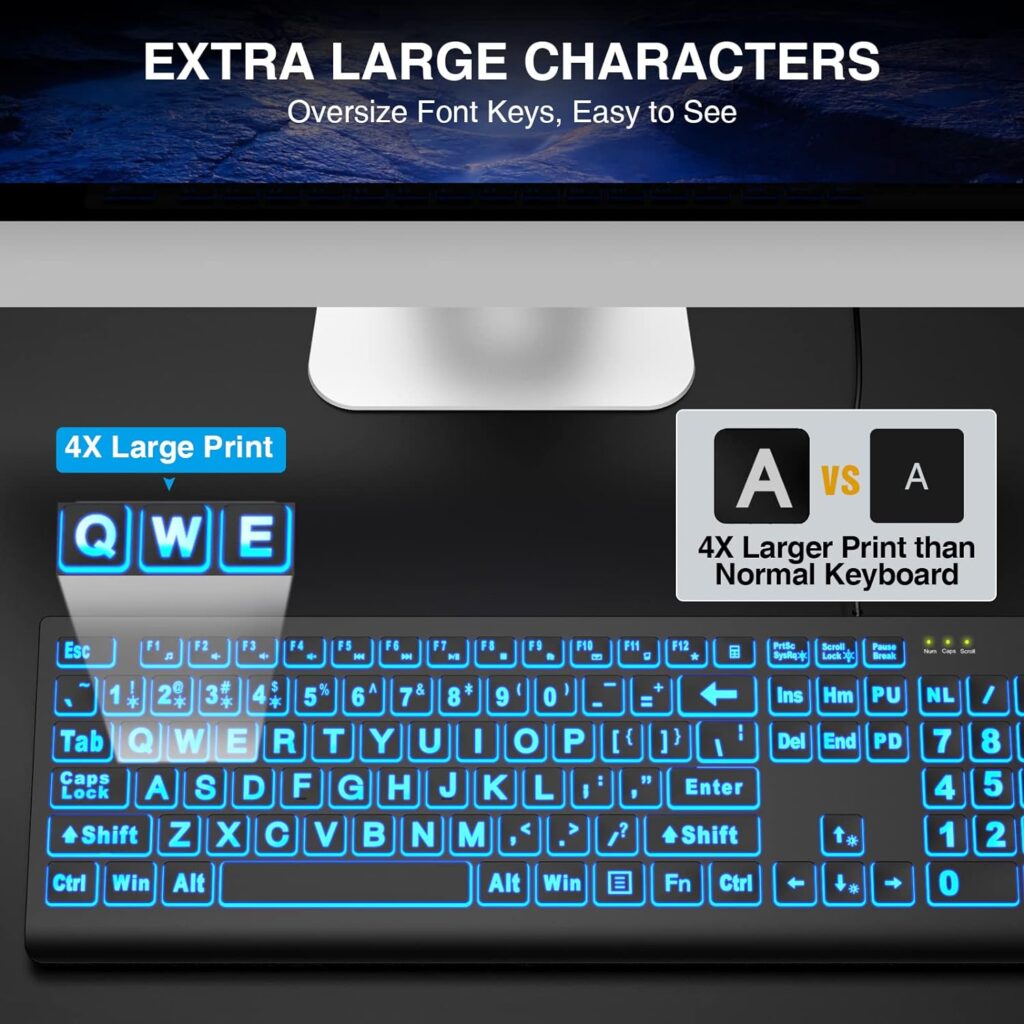 SABLUTE Large Print Backlit Keyboard, Wired USB Lighted Computer Keyboards with 7-Color  4 Modes Backlit, Oversize Letters Keys Easy to See and Type, Quiet Keyboard Compatible for PC, Laptop