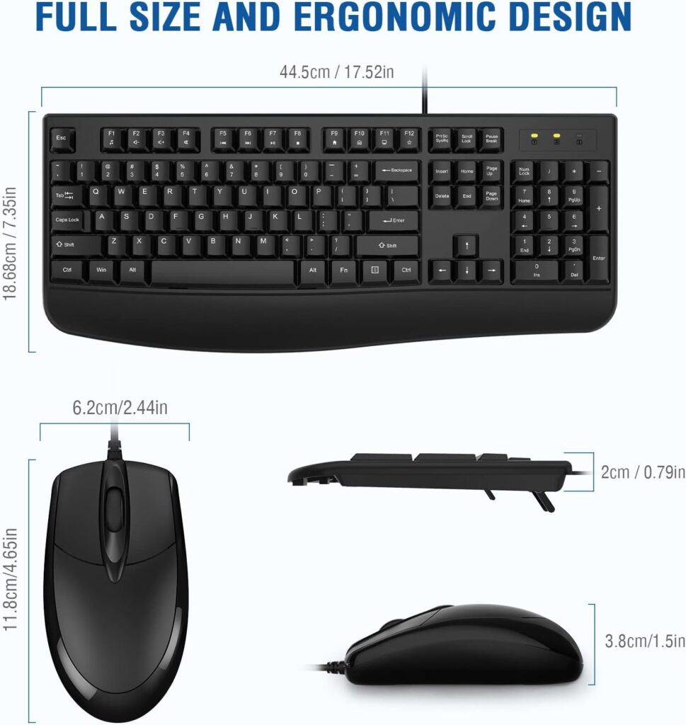 Wired Keyboard and Mouse Combo, EDJO Full-Sized Ergonomic Computer Keyboard with Palm Rest and Optical Wired Mouse for Windows, Mac OS Desktop/Laptop/PC