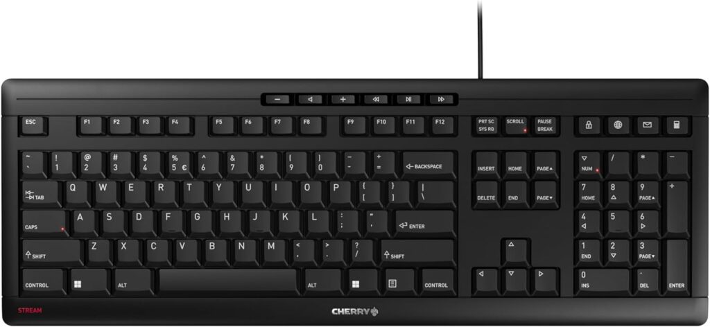 Cherry Stream Keyboard Wired USB SX Scissors Mechanism QWERTY Whisper-Quiet Silent Keystroke for Home Office, Work or Personal Computer. Black