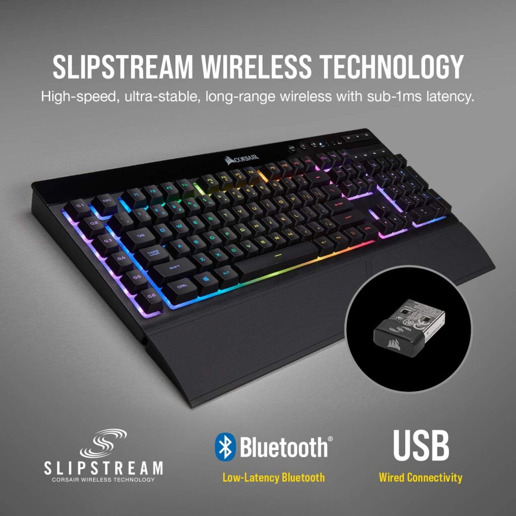 CORSAIR K57 RGB Wireless Gaming Keyboard - 1ms response time with Slipstream Wireless - Connect with USB dongle, Bluetooth or wired - Individually Backlit RGB Keys, Black