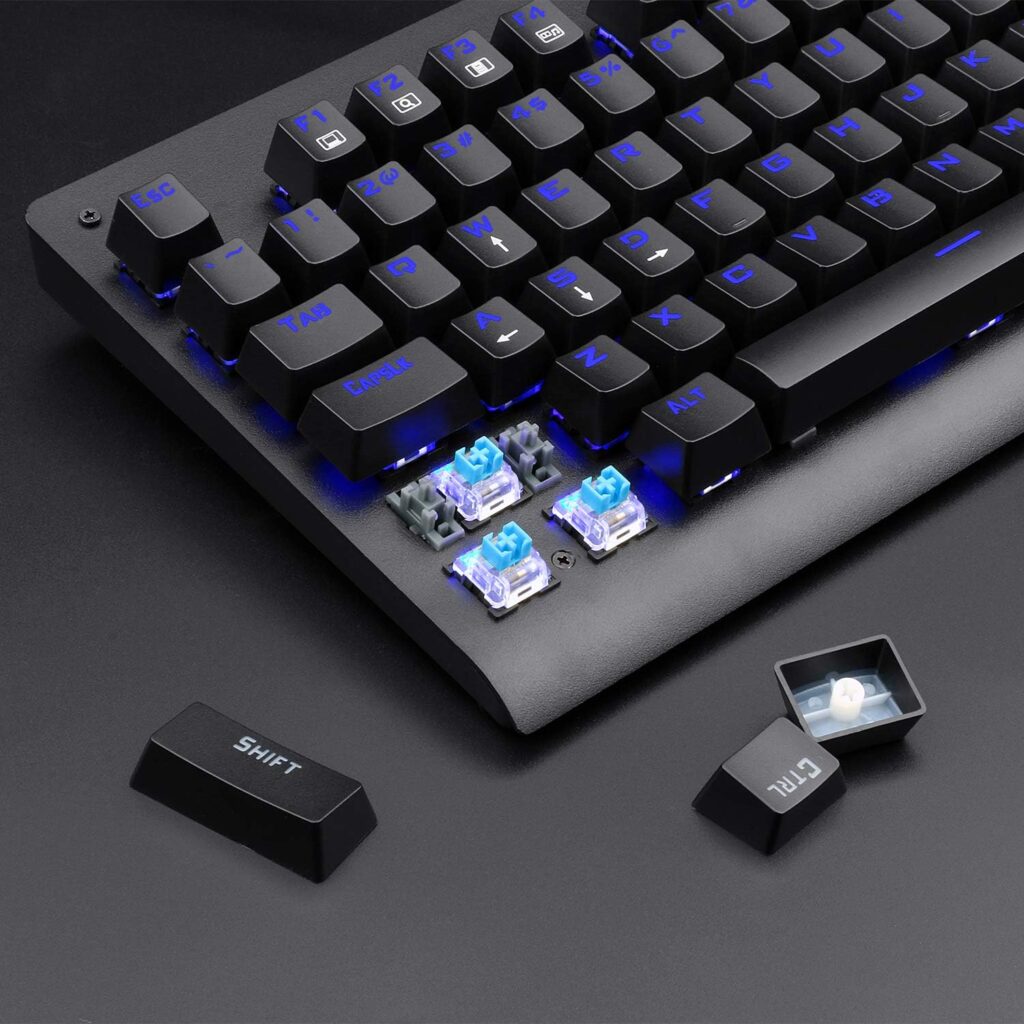 EagleTec KG040 Mechanical Gaming Keyboard Blue LED RGB Backlit Wired with Clicky Blue Switches Equivalent Compact Tenkeyless with 87 Keys for Windows PC (Black)